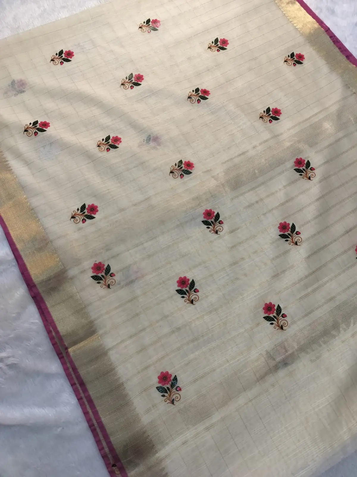 Off-White and Pink Floral Printed Check Cotton Saree